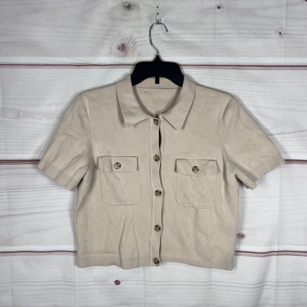 J.Crew Sweater Womens M Beige Short Sleeve Button Front Cotton Knit Cardigan